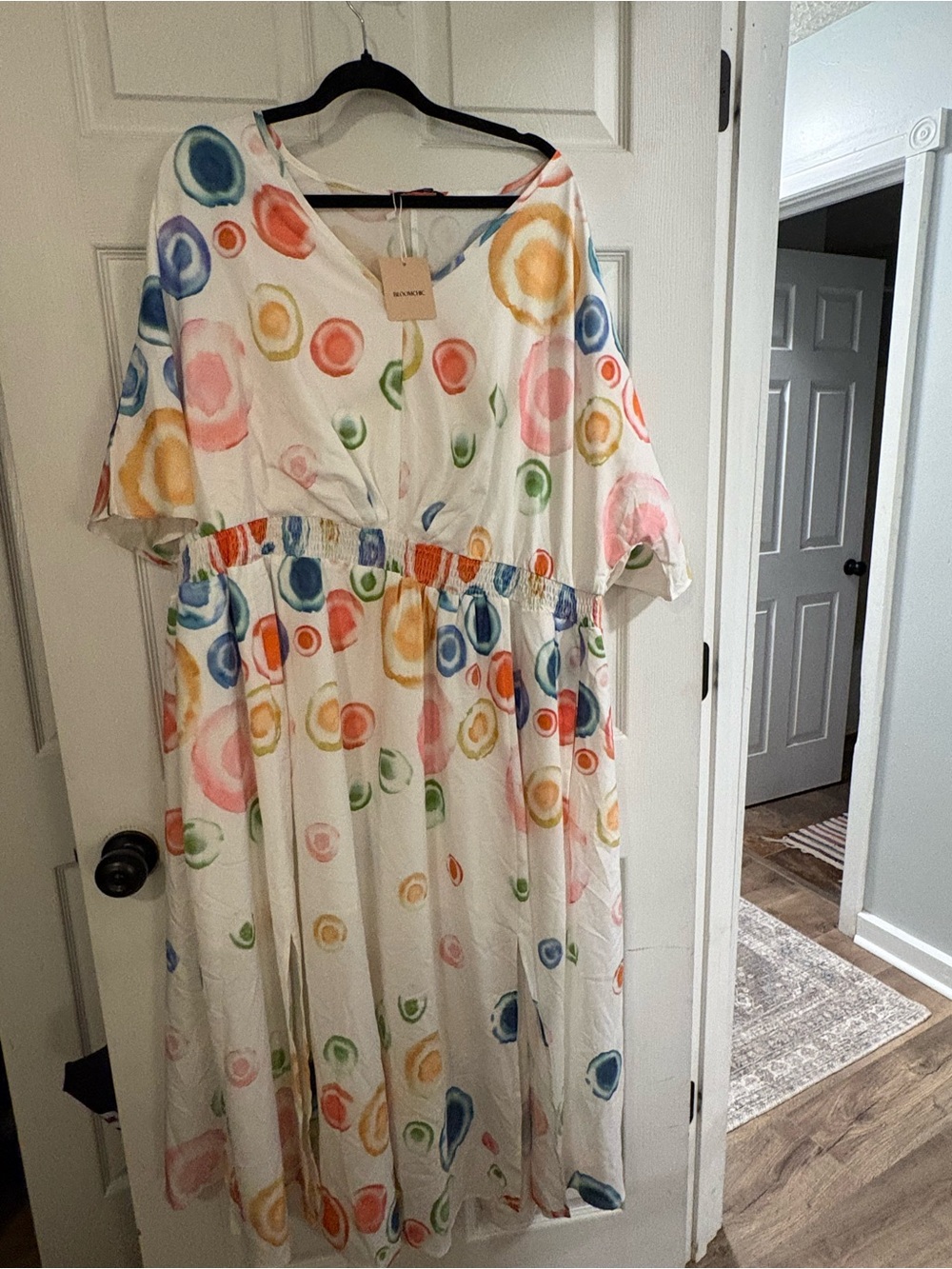 BloomChic White Maxi Dress with Multicolor Watercolor Circles